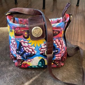 Sharif Artistic Impressions Hand Painted Leather Butterfly Crossbody Bag